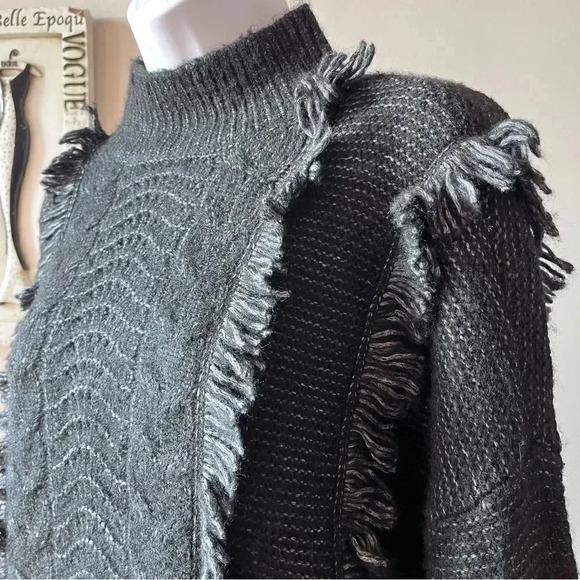 Loft Black Fringe Cable Knit Turtleneck Sweater Size L - Picture 7 of 10